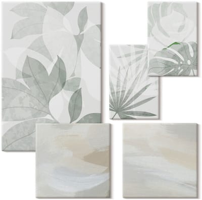 Wallfluent Set van canvas schilderijen - Plantenmotieven in gedempt grijs en wit Canvas Schilderijen Set - Set van 5 Canvas Schilderijen - Grijs Set van Canvas Prints - Natuur Canvas Kunst Set - Boheemse Canvas Kunst Set