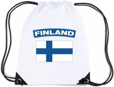 Finland thema sporttas - nylon rijgkoord rugzak - wit met vlag print - supporters - 11 liter - 45 x 34 cm