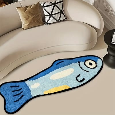 1. Vloermat met blauwe visjes, gemaakt van gestippelde flanel, geschikt voor huisdecoratie in kamers, slaapkamers, hallen en keukens. Deze zachte en comfortabele mat is wasbaar en machinewasbaar