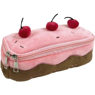 Trousse à crayons en peluche mignonne en forme de gâteau aux cerises, trousse à cosmétiques de grande capacité et de grande valeur, sac de rangement pour papeterie d'étudiant rose