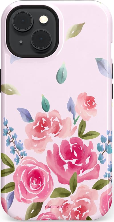 Casetastic hoesje geschikt voor Apple iPhone 15 - MagSafe - Dubbellaagse bescherming - Aquarel Bloesem - Fashion Case - Lichtroze Lila Saliegroen