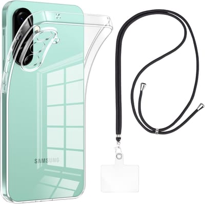 Set met hoesje en nekband voor Samsung Galaxy a26 5g - Flexibele, transparante TPU-bescherming, verstelbare universele nekband voor mobiele telefoons, zwarte nekband, transparante draagriem van Phonillico®