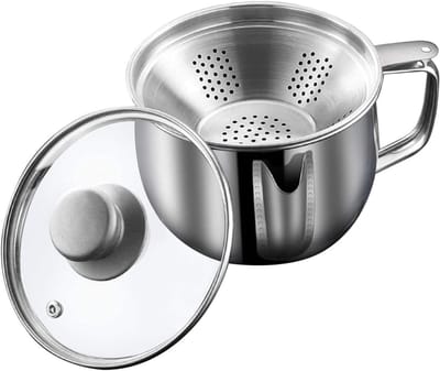 Dailygoods- Vetreservoir 1000 ml - Roestvrij Staal - Glazen Deksel - Zeef - Vetopvangbak - Voor het Scheiden van Vet - Vetafscheider