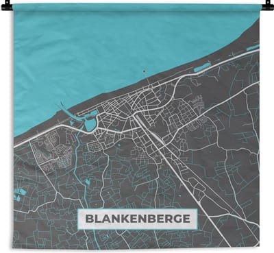 Wandkleed - Wanddoek - België – Blankenberge – Stadskaart – Kaart – Blauw – Plattegrond - 180x180 cm - Wandtapijt