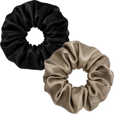 Lajetti - Voordeelset Zijden Scrunchies Goudbruin en Zwart 2 stuks - 100% Moerbeizijde