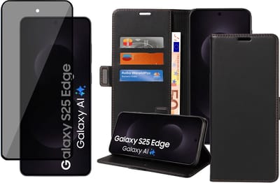 Book Case & Privacy Screenprotector geschikt voor Samsung Galaxy S25 Edge Hoesje Screenprotector - Privé - Gehard Glas Cover - Magnetische Sluiting - Portemonnee Rustic Zwart