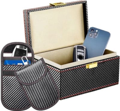 Carbon Fiber RFID Anti-Diefstal Sleutelkast - Mobiele Telefoon en Autosleutel Signaalbeveiliging, 2 Sleutelhoesjes + 1 Beschermdoos (Set) voor Veiligheid en Bescherming