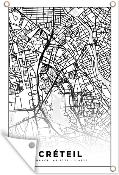 Muurdecoratie Stadskaart - Créteil - Plattegrond - Kaart - Frankrijk - Zwart wit - 120x180 cm - Tuinposter - Tuindoek