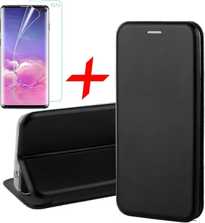 Hoesje geschikt voor Samsung Galaxy S10 Plus - Screen Protector PET - Book Case Kunstleer ThinShield Zwart & Screenprotector