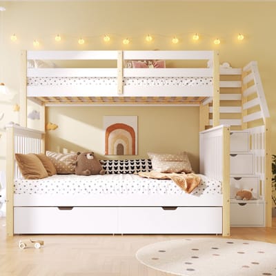 VVBV Kinderstapelbed 90x200 cm + 140x200 cm - Opbergruimte, Lades - Wit/Naturel - Zonder Matras