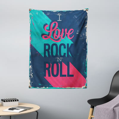 ABAKUHAUS Rockmuziek Wandtapijt, Vintage I Love Rock and Roll Slogan Verweerde Abstracte Poster, 110 x 150 cm, Donker Koraal Turkoois