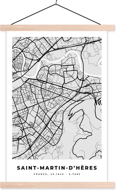 Posterhanger incl. Poster 40x60 cm - Schoolplaat - Plattegrond - Kaart - Stadskaart - Frankrijk - Saint-Martin-d'Hères - Textielposter - Blanke latten - Stadskaart