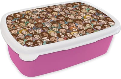 Broodtrommel Roze - Lunchbox - Brooddoos - Diversiteit - Patronen - Mensen - 18x12x6 cm - Kinderen - Meisje