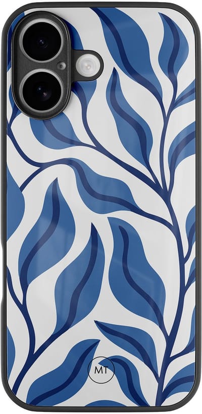 Hoesje geschikt voor iPhone 16 - Blue leaves - Luxe Hard Case - Print - Blauw - Mooie Telefoonhoesjes