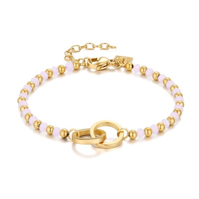 Twice As Nice Armband in goudkleurig edelstaal, 2 cirkels, roze kristallen 16cm+3cm