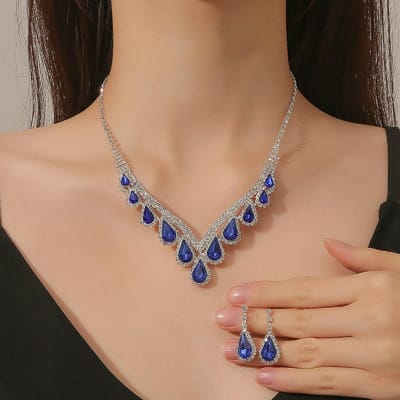 Ensemble collier et boucles d'oreilles série chaîne à griffes pour femme, avec pendentif gouttelette en diamant, 3 pièces, pour accessoires de banquet et de fête brown
