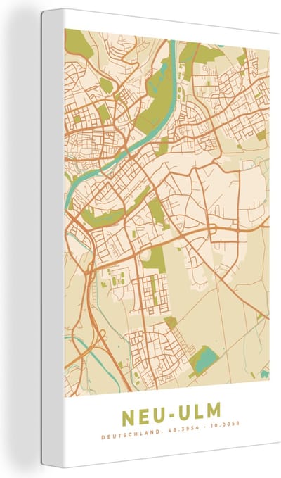 Canvas Schilderij Stadskaart - Neu-Ulm - Kaart - Plattegrond - Vintage - 20x30 cm - Wanddecoratie