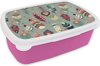 Broodtrommel Roze - Lunchbox - Brooddoos - Tieners - Veren - Patronen - 18x12x6 cm - Kinderen - Meisje