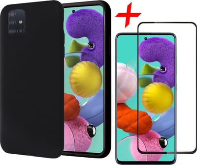 Hoesje geschikt voor Samsung Galaxy A51 - Liquid Siliconen Case Zwart + Screenprotector Full