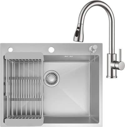 CECIPA max Spoelbak voor keuken 60x49CM - Spoelbakken Met Kraangat en Keukenkraan Met Uittrekbare Uitloop - Spoelbak Met Zeepdispenser - Incl. Sifon en Waterafvoersysteem - RVS