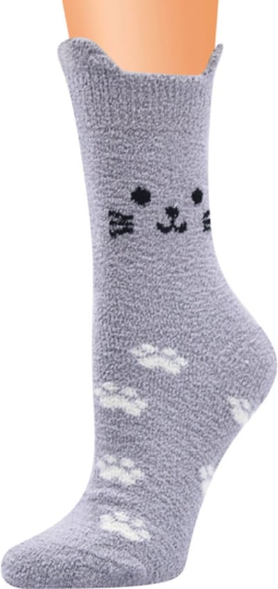 Fluffy dames sokken - huissokken - grijs - leuke print kat - 36 - 40 - cadeau voor haar - geschenk vrouwen - gift