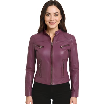 Paarse, casual, slim-fit leren bikerjack voor dames - Tulsa