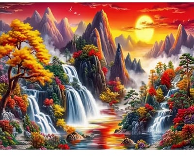 diamond painting kleurrijk landschap met watervallen-gebergtes- bomen-bloemen 30 x 40 cm