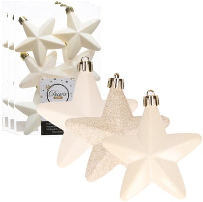Decoris kersthanger sterren - 24x st - wol wit - 7 cm - kunststof - kerstornamenten - kerstversiering
