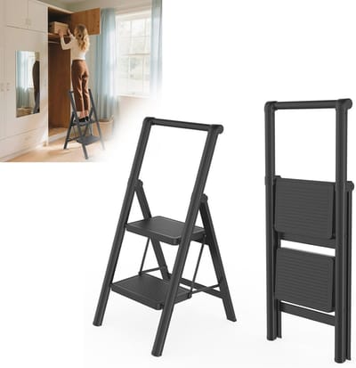 Trapladder met leuning - Opstapkruk huishoudelijk - Veilig klussen thuis - Sterke metalen constructie - 2 treden - Zilver