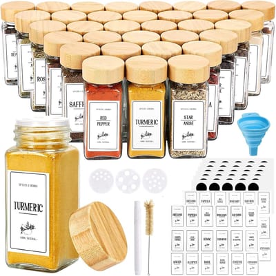 Famanu - Kruidenpotjes - Set van 36 - Glas - Met bamboedeksels en kruidenetiketten