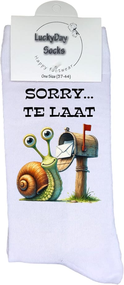 Te laat - Valentijns Cadeau - Grappige sokken - Leuke sokken - Hem Haar sokken - Vrolijke sokken - Sint cadeau - Vaderdag - Moederdag - Verjaardag cadeau - Kerst cadeau - Slak - Sorry - Vergeten - Leuk Cadeau - Socks maken Happy - 37-44