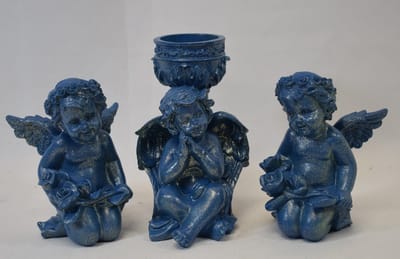 ZoeZo Design - 3 stuks - kerstset - engel - kerstengel - waxinelichtjeshouder - blauw - glitter - 2 beeldjes - 1 waxinelichtjeshouder
