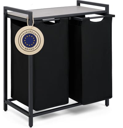 Blumtal Wasmand met 2 vakken - Wasmand met betonlook plank - Metalen frame - Wasmand met poten - Zwart