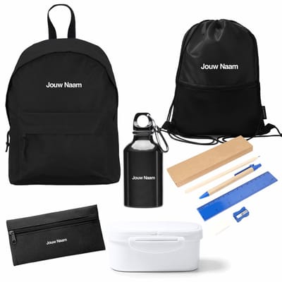 Terug naar (basis)school gepersonalisseerd Zwart pakket Rugzak, etui, potloden en liniaal, gymtas, drinkfles, broodtrommel