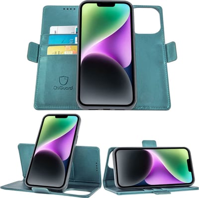 Geschikt voor iPhone 14 Book Case Hoesje - Uitneembaar Hoesje - Magnetische Sluiting - Portemonnee Turqoise