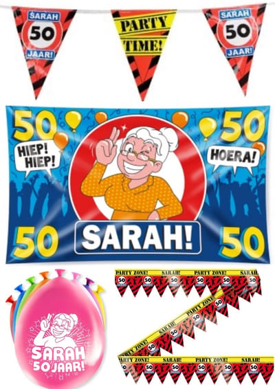 50 jaar Sarah versiering pakket - Versiering Verjaardag - Versiering - Verjaardag - Slingers - Gevelvlag- Ballonnen – Afzetlint