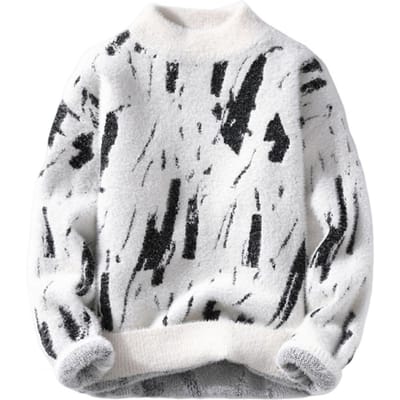 Heren wintertrui met contrasterende graffiti-print, dikke pluche trui met halfhoge kraag, elastische gebreide stof en lange mouwen, geschikt voor dagelijks gebruik, school of een date. M