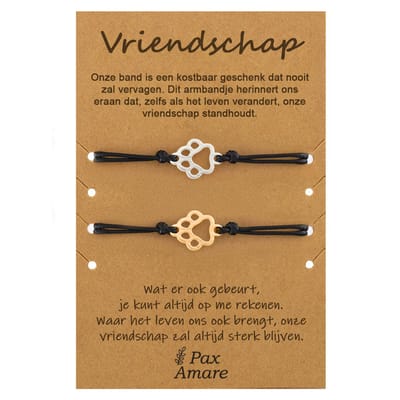 Vriendschapsarmbandjes voor 2 "Vriendschap" - Hondenpootjes - BFF Armbandjes met Cadeau Kaartje - Zilverkleurig & Goudkleurig - Elastisch Verstelbaar - Pax Amare