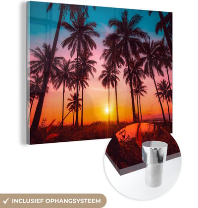 Glasschilderij zonsondergang - Palmboom - Horizon - Natuur - Tropisch - Wanddecoratie - Schilderij glas - Foto op glas - Woonkamer - 160x120 cm - Kamer decoratie - Muurdecoratie - Glasplaat