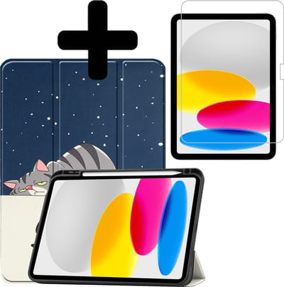 Hoes - Geschikt voor Apple iPad A16/A18 (2022/2025/2026) - 10.9 & 11 inch (10e, 11e & 12e generatie) - Met Screenprotector - Trifold Bookcase - Hard Cover Case - Met Uitsparing Geschikt voor Apple Pencil - Hardcover Book - Tablet Hoesje - Kat