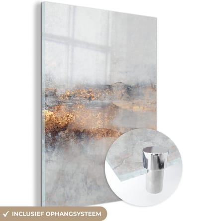 MuchoWow® Glasschilderij 120x160 cm - Schilderij acrylglas - Mist - Goud - Abstract - Foto op glas - Schilderijen