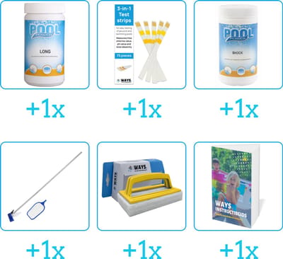 Zwembad Onderhoudspakket - Onderhoud Zwembad - bevat Chloor - Testrips - Chloor - Schoonmaakset - Scrubborstel en Zwembadgids (6-delig)