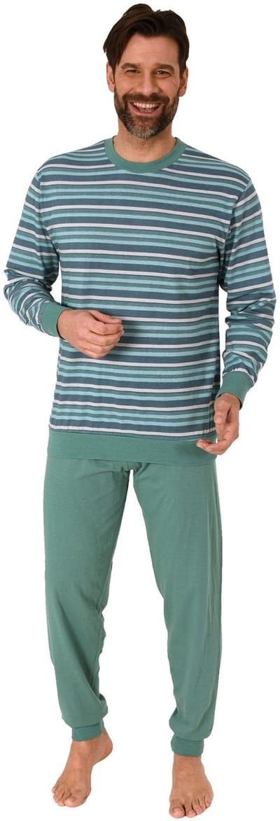 Lange Normann herenpyjama met manchetten in een gestreepte look - ook in grote maten