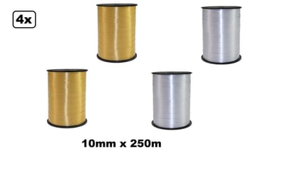4x Krullint goud en zilver 10mm x 250meter | Vernieuwd, nu met folie beschermlaag om de verpakking |krullint | decoratie| thema feest| versiering