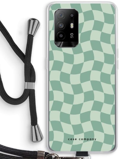 Case Company® - Hoesje met koord geschikt voor Oppo A94 5G hoesje met Koord - Grid Groen - Telefoonhoesje met Zwart Koord - Bescherming aan alle Kanten en Over de Schermrand