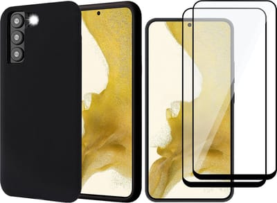 Hoesje geschikt voor Samsung Galaxy S22 Plus - Matte Back Cover Microvezel Siliconen Case Hoes Zwart - 2x Full Tempered Glass Screenprotector