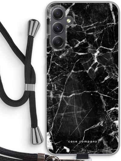 Case Company® - Hoesje met koord geschikt voor Samsung Galaxy A34 hoesje met Koord - Zwart Marmer - Telefoonhoesje met Zwart Koord - Bescherming aan alle Kanten en Over de Schermrand