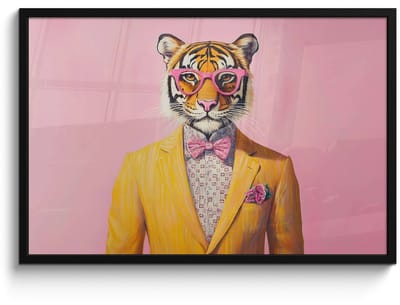 Poster in lijst - Fotolijst 90x60 cm - Posters - Tijger - Bril - Geel - Jasje - Posterlijst zwart - Decoratie - Wanddecoratie woonkamer - Muurdecoratie slaapkamer