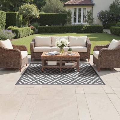 Outdoor tapijt, weerbestendig, balkonmat, 120 x 180 cm, kunststof, uv-bestendig, waterdicht, onderhoudsvriendelijk, voor terras, tuin, camping, picknick, grijs/wit