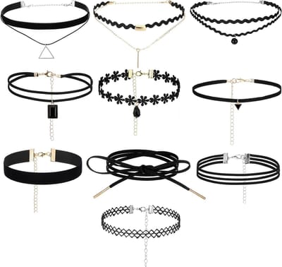Set van 10 zwarte chokers, meerlaags fluwelen en kanten halskettingen voor dames, verstelbaar en elastisch, perfect voor gothic en punk stijlen